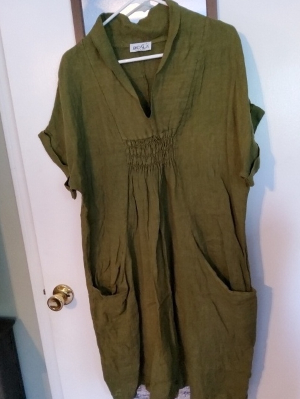 Bicala Boho Olive Tunic with Gathered Front and Pockets Large